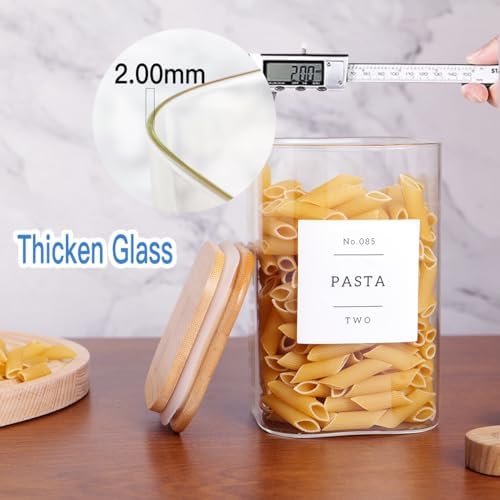 6 Pack Square Kitchen Storage Jars with Airtight Bamboo Lids and 132 Pantry Labels - 35oz Glass Canisters With Wood Lids - Food Storage Containers for Coffee, Cookie, Tea, Spice