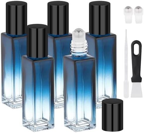 Segbeauty 0.34oz Glass Roll On Bottles for Oil, 5pcs Empty Roller Ball Applicator for Essential Oils, 10ml Blue Perfume Travel Refillable Bottle, Anointing Oil Bottles Portable Travel Containers by Segbeauty