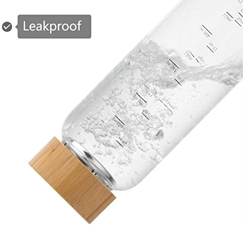 Glass Water Bottle 32 oz Wide Mouth with Sleeve Bamboo Lid Motivational Water Bottle With Time Marker Reusable Safe for Hot Cold Drinks Bpa Free (Gray)