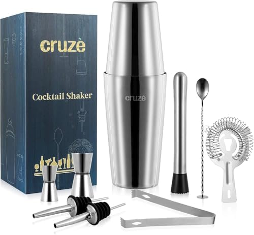 9-Piece Cocktail Shaker Set – 800ml Boston Shaker Dual Jiggers Muddler Bar Spoon Strainer Tongs & Pourers – Gift Box for Home Entertaining