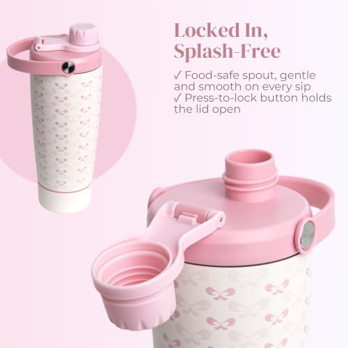 Elanelle 20oz Insulated Stainless Steel Shaker Bottle with Storage Base, Strainer Lid Protein Shaker Cup for Gym, Ball-Free Quiet Mixing, Carry Handle, BPA-Free, Pink/Cream (Cloudy Bow) - Image 4