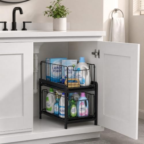 2 Tier Black Under Sink Organzier With Sliding Drawer