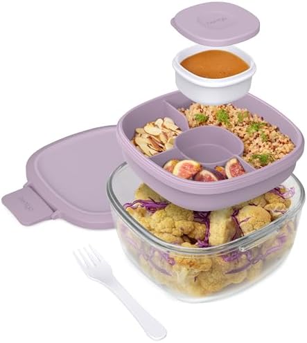 Glass Salad Container with Airtight Lid & Leak-Proof Sauce Cup
