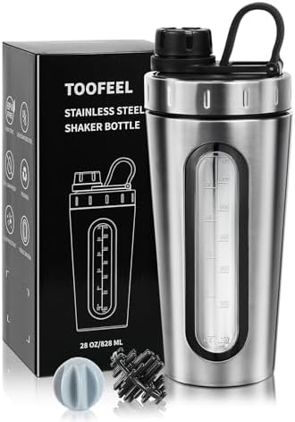 Shaker Bottles for Protein Mixes 28 oz Stainless Steel Protein Shaker with 2 Mixing Ball, Not Stays Cold/Hot, Visible Window Metal Shaker Cups, Leakproof, BPA Free Bottle Shaker