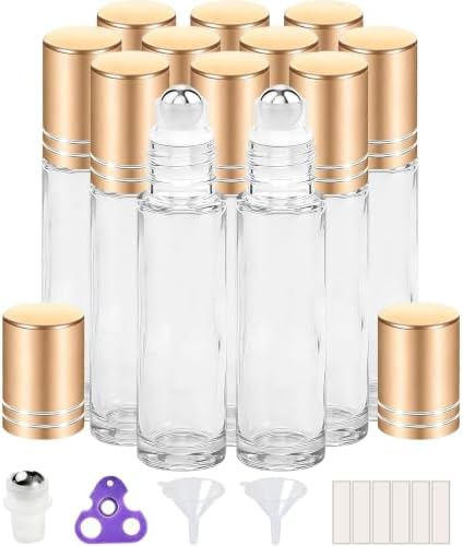 PrettyCare 12 Pack, 10 ml Essential Oil Roller Bottles with Stainless Steel Roller Ball - Refillable Leak-proof Empty Thick Clear Glass Roll on Bottles with Metal Caps for Travel, Perfume by PrettyCare