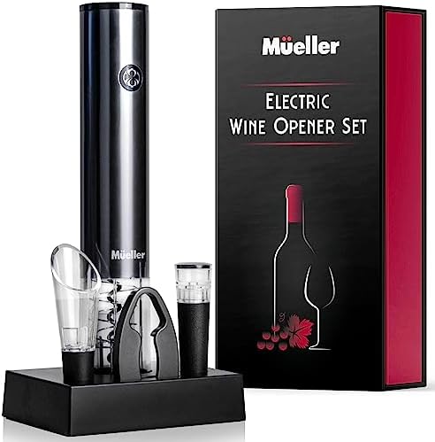 Mueller Electric Wine Opener Set - Rechargeable Batteries and USB Charging Cable - Electric Corkscrew Opener with Foil Cutter, Wine Pourer, Vacuum Stopper (Batteries Included), Valentines Day Gift