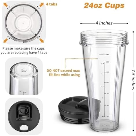 Blender Replacement Parts， Compatible for Ninja， SS101, 24 Oz.Slim Single-Serve Cups Kit with to-Go Lids, Fits SS100, SS101, SS300, SS400(1PC 24OZ Cup and Lid) - Image 4