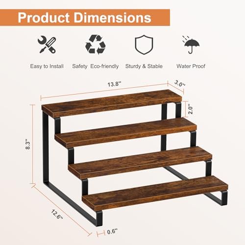 4 Tier Spice Rack, Set of 2 Wooden Spice Rack for Countertop, Kitchen Counter Storage Shelves Cupcake Stand Holder Display Stand, Rustic Brown