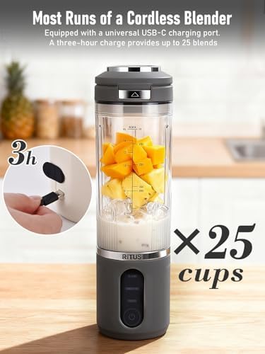 RITUS VORTEX Pro Portable Blender,Personal Blender w/Removable Vessel-for-Smoothies Blend Ice Crush 3 Programs,Cordless 20oz BPA Free Vessel Magnetic-Ring Dishwasher Safe, Leakproof，Grey - Image 4