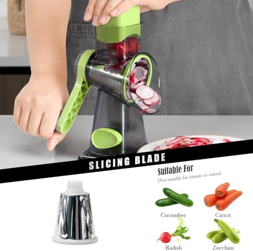 Badelite Cheese Grater Hand Crank Rotating Cheese Shredder Stainless Steel Vegetable Slicer Grater for Kitchen 3 Blades for Cheese, Carrot, Cucumber, Nuts, Chocolate, Green - Image 2