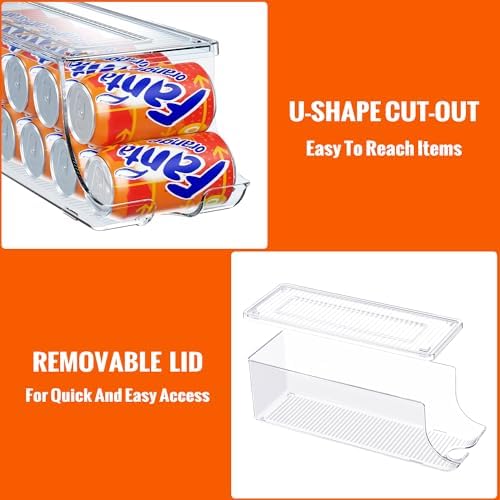 2 Pack Soda Can Organizer for Refrigerator, Stackable Canned Food Pop Cans Container Can Holder Dispenser with Lid for Fridge Rack Freezer, Clear Storage Bins-Holds 12 Cans Each (Clear)