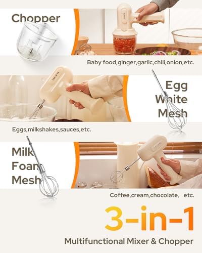 3-in-1 Hand Mixer, hand mixer electric handheld with Garlic Chopper to Cutting Onions, Peppers, 3-Speed Self-Control Electric Mixer with Type-C Charging Cable for Whipping or Mixing Eggs, Cream - Image 3