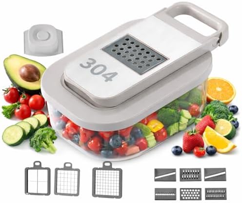 All-in-One Food Chopper & Mandoline Slicer, 9-in-1 Vegetable Chopper with Interchangeable Stainless Steel Blades, BPA-Free Manual Onion Dicer, Julienne & Grater with Container by WonderfulCuisine