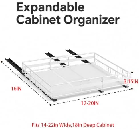 Pull Out Cabinet Organizer 12-20" W x 16" D, No Drill Expandable Heavy Duty