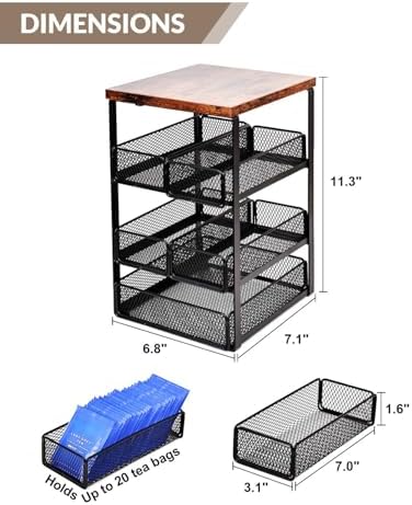 Tea Bag Organizer with 5 Drawers, Wooden & Metal Tea Storage Organizer for TeaBags, Coffee Pods, Creamers & Sugar – Countertop Tea Bag Holder for Coffee Bar and Kitchen, Space-Saving Tea Storage Rack