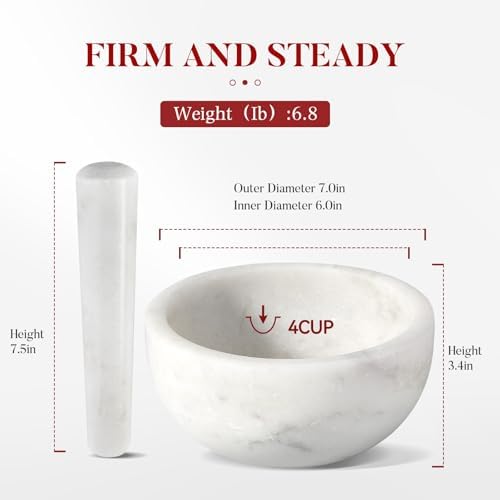 Marble Mortar and Pestle Set, 7"-4 Cups Grinder Bowl for Guacamole, Salsa, Pill Crusher, Spice, Herb, Garlic, Nut, Heavy Duty Grinder for Kitchen(Namib Fantasy)