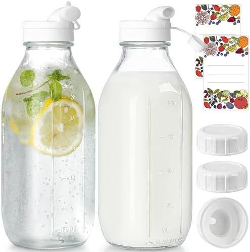 2 Pack 32 Oz Glass Milk Bottles with Airtight Lids & 2 Caps