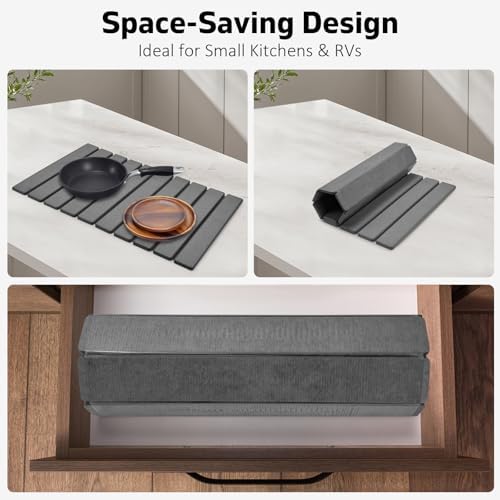 Large Stone Dish Drying Mat for Kitchen Counter – 24"(L)×16 "(W) Foldable Super Absorbent Diatomaceous Earth Stone Dish/Bath Mat, Kitchen Counter Mat for Plate Rack, Cup, Match Any Countertop - Gray