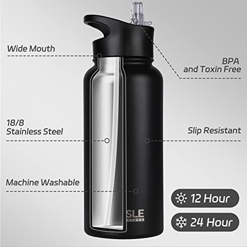 32 oz Insulated Water Bottle Stainless Steel Double Walled Vacuum Sports Water Bottle with 2 Lids (Straw and Spout Lid) for Gym Camping Hiking(Black,8)