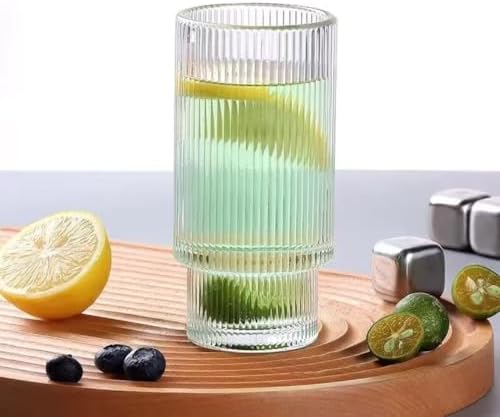 16OZ Ribbed Glass Cups with Lids and Straws,Iced Coffee Cups with Bamboo Lid,Vintage Glassware for Whiskey Cocktail Beer Fruit Juice Glasses Tumbler(2 Pack)
