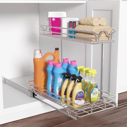 Under Sink Cabinet Organizer Two Tier Pull Out Shelf (11.75W x 17D), Under Sink Sliding Shelf for Kitchen Bathroom Cabinet 2 Tier Chrome