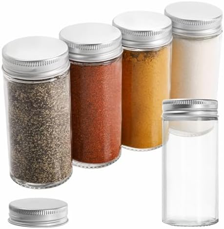30 Pack Round Spice Bottles Jars with Silver Lids, 3oz Empty Glass Spice Containers Shakers Complete Organizer Set Includes Shaker Lids, Wide Funnel, Labels and Cleaning Brush