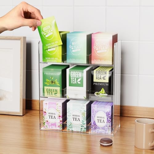 Acrylic Tea Bag Organizer, 3 Layers Tea Bag Holder for Tea Packets, No Assembly Required, Wall Mount Display Tea Caddy for Countertop or Cabinet, 9 Slots, Clear