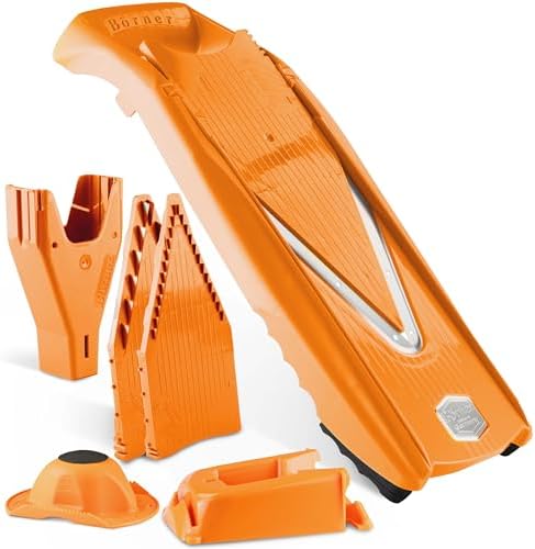 Mandoline Food Slicer Börner V5 (Profi Set) by Reston Lloyd • V-Slicer with 4 Inserts, Docking Station & Food Holder • Made in Germany • Fruit & Vegetable Chopper • Multiple Settings • Color: Orange by B%C3%B6rner