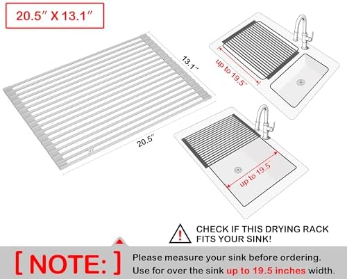 20.5 x 13.1 Inch Roll-Up Dish Drying Rack, Fits Across Sink Openings up to 19.5 Inches, Silicone-Covered Surface, Stainless Steel Core, Warm Gray