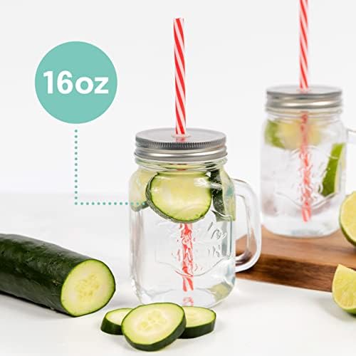 Glass Mason Jars with Handles, Lid and Straw 16 oz | Drinking Glasses Cups Mug Set for Iced Coffee, Tea & Smoothie - Set of 6
