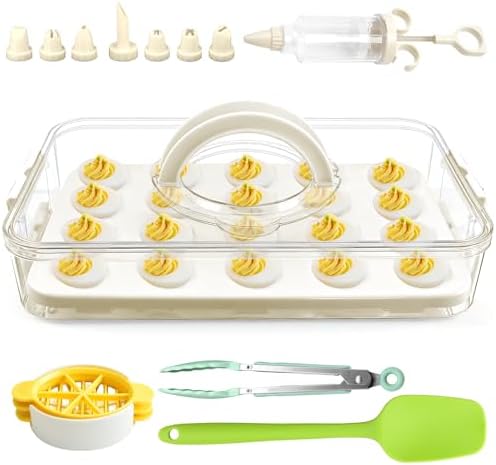 20 Deviled Egg Containers with Lid & Handle,Egg Holder for Fridge PET Thickened Eggs Organizer for Refrigerator Inc Egg Slicer,Kitchen Tongs,Silicone Spatula,Piping Decorating Kit