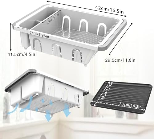 Dish drying rack expandable over the sink, in the sink and for cabinet and kitchen counter; Dish drainer rust proof, Large kitchen organizer with drainboard, two cutlery holders and 6 cup holders.