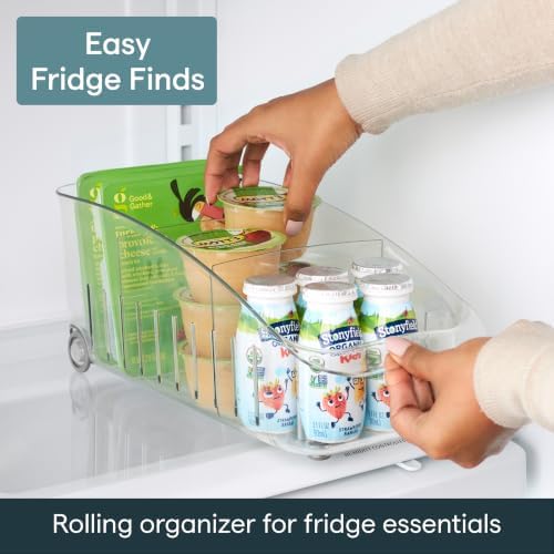 RollOut Fridge Drawer 6", BPA-Free Clear Rolling Refrigerator Organizer Bin with Adjustable Dividers and Handles for Produce, Food, Meal and Snack Storage