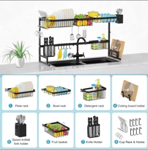 Over The Sink Dish Drainer Drying Rack,Stainless Steel Dish Dyring Rack Above Sink with Adjustable Height,Kitchen Counter Storage Shelf for Organizer Cookware,Cups,Cutting Board (33.4‘’-41.3‘’)