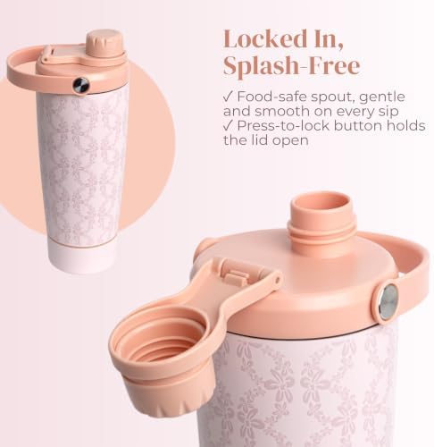 Elanelle 20oz Insulated Stainless Steel Shaker Bottle with Storage Base, Strainer Lid Protein Shaker Cup for Gym, Ball-Free Quiet Mixing, Carry Handle, BPA-Free, Pink (Peachy Floral) - Image 4