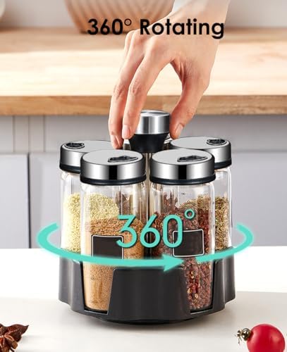 Revolving Spice Rack Organizer, Rotating Seasoning Holder Shelf with 5 Large 200ml Glass Jars for Kitchen Countertop Cabinet