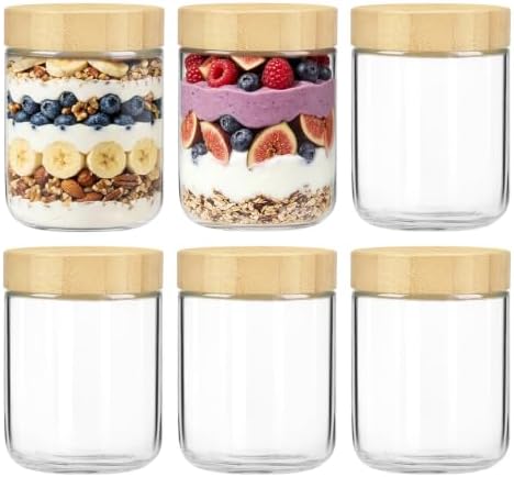 Overnight Oats Containers with Lids, 16oz Glass Jars with Bamboo Lids 6pcs
