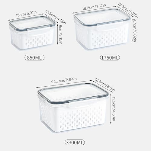 3PCS Fruit Storage Containers for Fridge – Airtight Produce Saver with Removable Drain Basket, BPA-Free Berry Keeper, Stackable Food Storage Containers for Vegetables, Lettuce & Meal Prep (Blue)