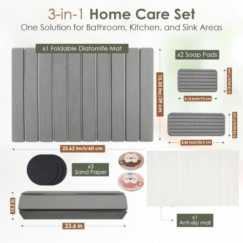 Large Stone Dish Drying Mat for Kitchen Counter, Foldable Quick Dry Stone Dish Mat, Diatomaceous Earth Water Absorbing Pad for Plate Utensils Rack Bottles, Any Countertop (Dark Gray 24"×16" & 2*8"x4")