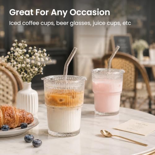 13oz Glass Tumbler with Lid and Straw 4 Pack - Ribbed Glass Cup Iced Coffee Glasses, Clear Leakproof Tumbler Cup for Smoothies, Iced Latte,Matcha, Cold Drinks