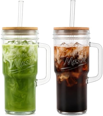 Glass Cups With Lids And Straws, Leakproof Tumbler 24oz Mason Jar Coffee Cup, Cap Cup Leak-Proof with Straw, Reusable Iced Coffee Smoothie Matcha Cup Aesthetic Coffee Gifts Women 2pc