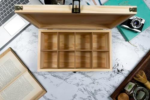 Large Wooden Tea Organizer Box, Big 14" Pine Storage Chest | 8-Slot Tall, Adjustable Shelves | 100% Handmade Craft Eco-Friendly Natural Décor