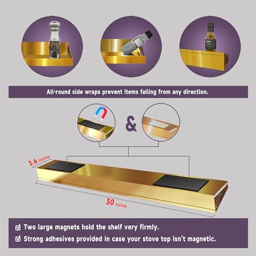 30" Magnetic Stove Top Shelf – Gold Spice Rack and Seasoning Organizer – Kitchen Shelf for Back of Stove – Over Stove Rack and Storage Organizer