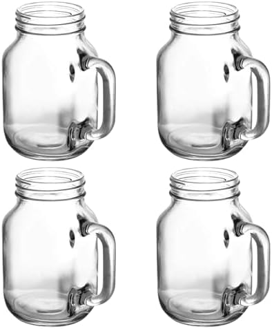 Mason Jar 21 oz with Handle – Set of 4 Clear Glass Drinking Mugs for Iced Beverages, Smoothies, Cocktails | Vintage Style for Home, Bar, and Events