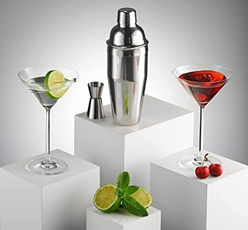 Cocktail Shaker Set and Martini Glasses Bar Set, Stainless Martini Shaker with Stemmed Cocktail Glasses and Double Jigger, 4 Piece Gift Set