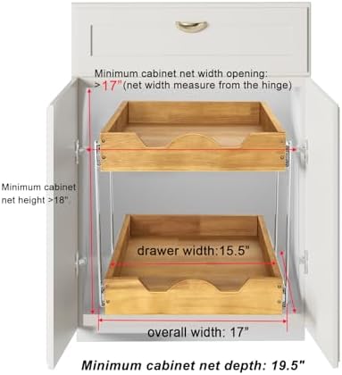 2 Tier Wood Pull Out Cabinet Organizer (17" W x 18" D) Heavy-Duty Metal Sliding Drawer Shelf, Two Tier Pull Out Shelves for Kitchen Cabinets, Pantry, Bathroom…