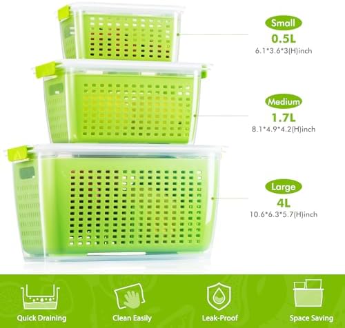 Produce containers for fridge,3 Set Fruit Containers with Removable Colander, BPA-Free Produce Saver Containers with Lids Dishwasher&Microwave Safe Keep Fruits, Vegetables, Berry, Fresh Longer