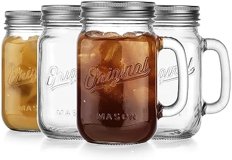 Mason Jar 16 Oz. Glass Mugs with Handle and Lid Set Of 4 - Home Essentials & Beyond - Old Fashioned Drinking Glass Bottles Original Mason Jar Pint Sized Cup Set.