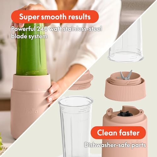 bella 6 Pcs Portable Rocket Blender, Juicer & Smoothie Maker, Press & Twist Design, EverGood™ & BPA Free Dishwasher Safe Parts, 4 Tip Stainless Steel Blade, Cord Wrap, 240 Watt Motor, Blossom - Image 4