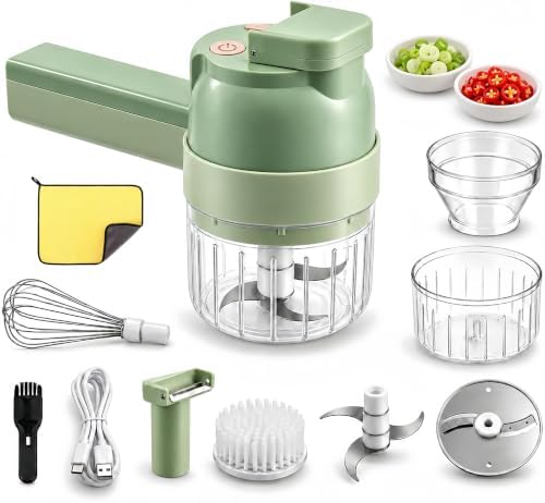 5-in-1 Handheld Wireless Electric Vegetable Chopper,Multi-Function Food Processor Multi-function for Chopping, Slicing, Grating and Whisking Garlic, Vegetables, Fruit, Eggs and Salad Prep (Green) by Unknown